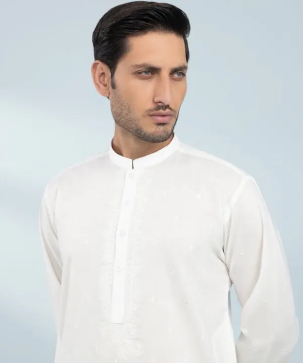 Hot Sapphire Schiffli Embroidered Cotton Suit - Slim Fit White