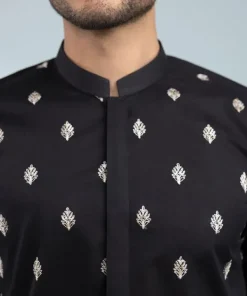 Fashion Sapphire Schiffli Embroidered Cotton Suit - Slim Fit Black
