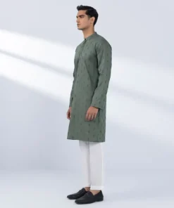 Sale Sapphire Schiffli Embroidered Cotton Kurta - Slim Fit Green