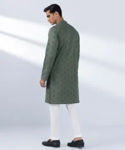 Sale Sapphire Schiffli Embroidered Cotton Kurta - Slim Fit Green