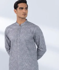 New Sapphire Schiffli Embroidered Cotton Kurta - Slim Fit Grey