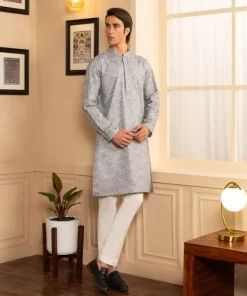 Outlet Sapphire Schiffli Embroidered Cotton Kurta - Regular Fit Grey