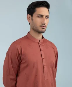 Online Sapphire Schiffli Embroidered Cotton Kurta - Slim Fit Rust