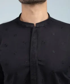 Outlet Sapphire Schiffli Embroidered Cotton Kurta - Slim Fit Black