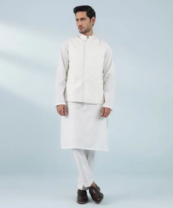 Sale Sapphire Schiffli Embroidered Cotton Waistcoat - Regular Fit White