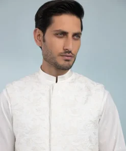 Sale Sapphire Schiffli Embroidered Cotton Waistcoat - Regular Fit White