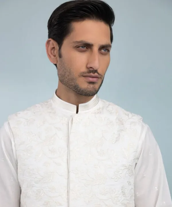 Sale Sapphire Schiffli Embroidered Cotton Waistcoat - Regular Fit White
