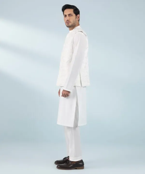 Sale Sapphire Schiffli Embroidered Cotton Waistcoat - Regular Fit White