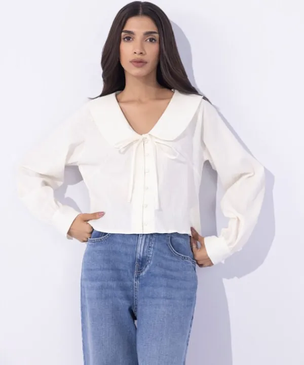 Clearance Sapphire Seersucker Cropped Top White