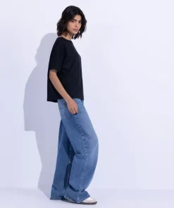 Fashion Sapphire Slash Neck Top Black