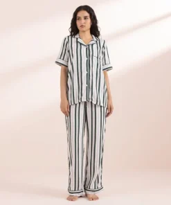 Discount Sapphire Stripe Printed Woven PJ Set White & Green