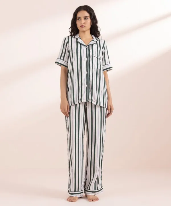 Discount Sapphire Stripe Printed Woven PJ Set White & Green