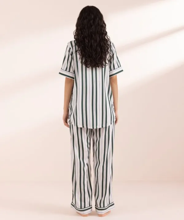 Discount Sapphire Stripe Printed Woven PJ Set White & Green