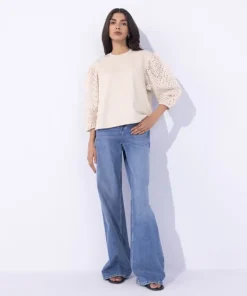 Clearance Sapphire T-Shirt With Embroidered Sleeves Beige